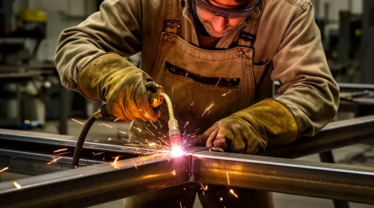 Artisan métallier soudant une structure acier dans son atelier