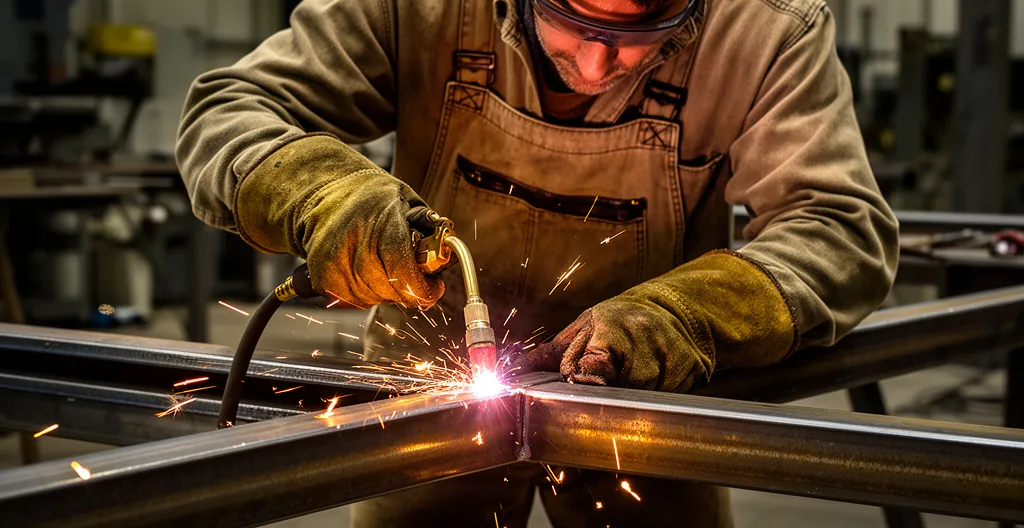 Artisan métallier soudant une structure acier dans son atelier