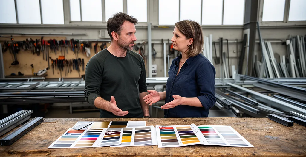 Artisan présentant échantillons couleurs thermolaquage à un client