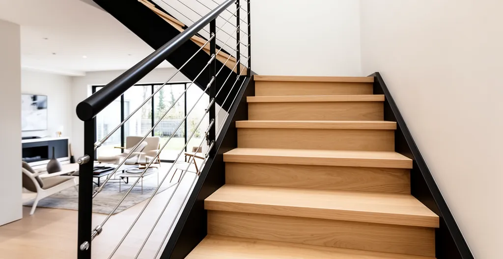 Escalier contemporain limon central acier noir avec marches bois