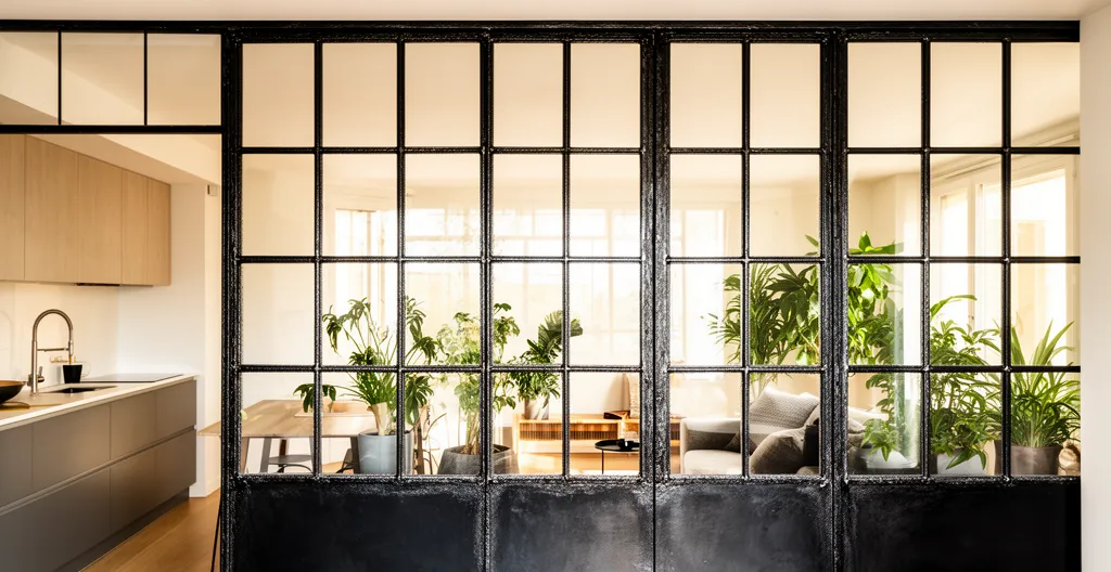 Verrière acier noir séparant cuisine et salon avec lumière naturelle