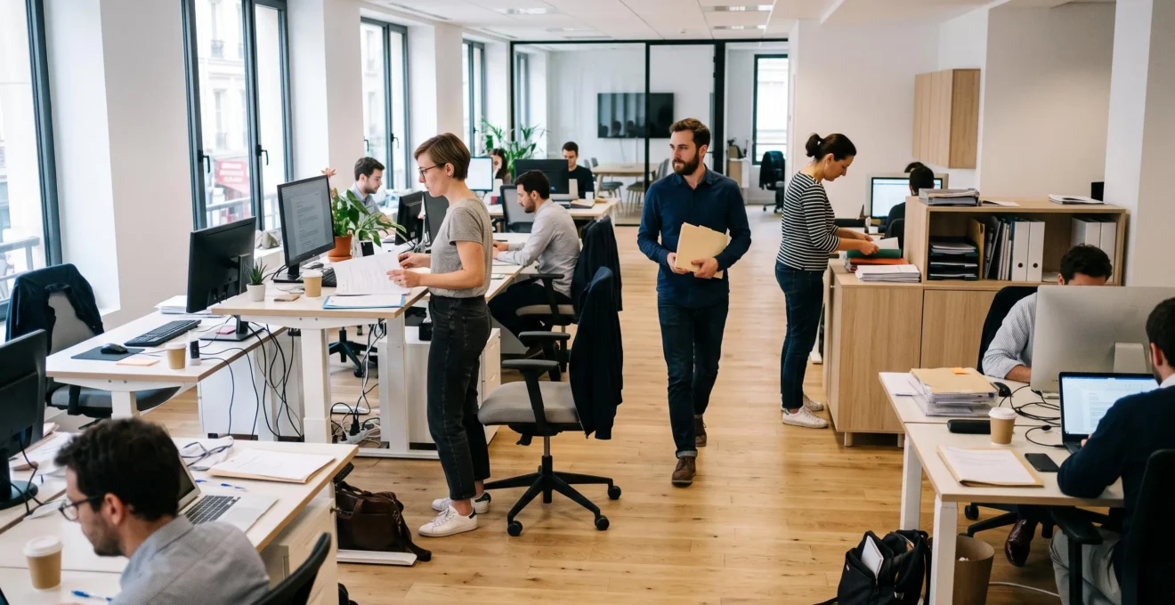 Vue d'ensemble d'un espace de bureau français moderne avec plusieurs postes de travail et professionnels en activité