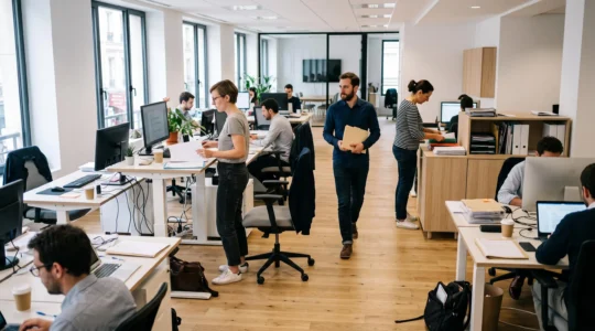 Vue d'ensemble d'un espace de bureau français moderne avec plusieurs postes de travail et professionnels en activité