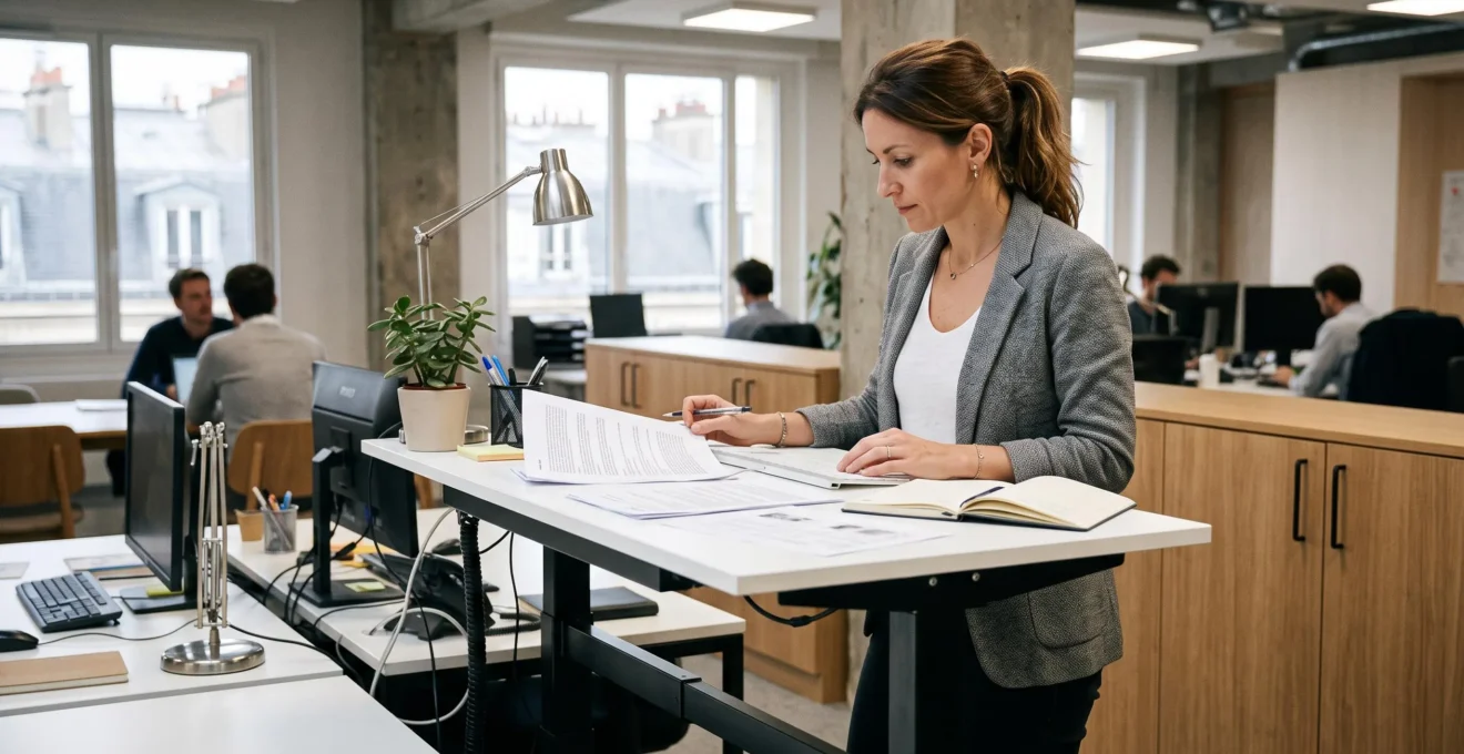 Professionnel utilisant un bureau assis-debout en position haute dans un espace de travail optimisé