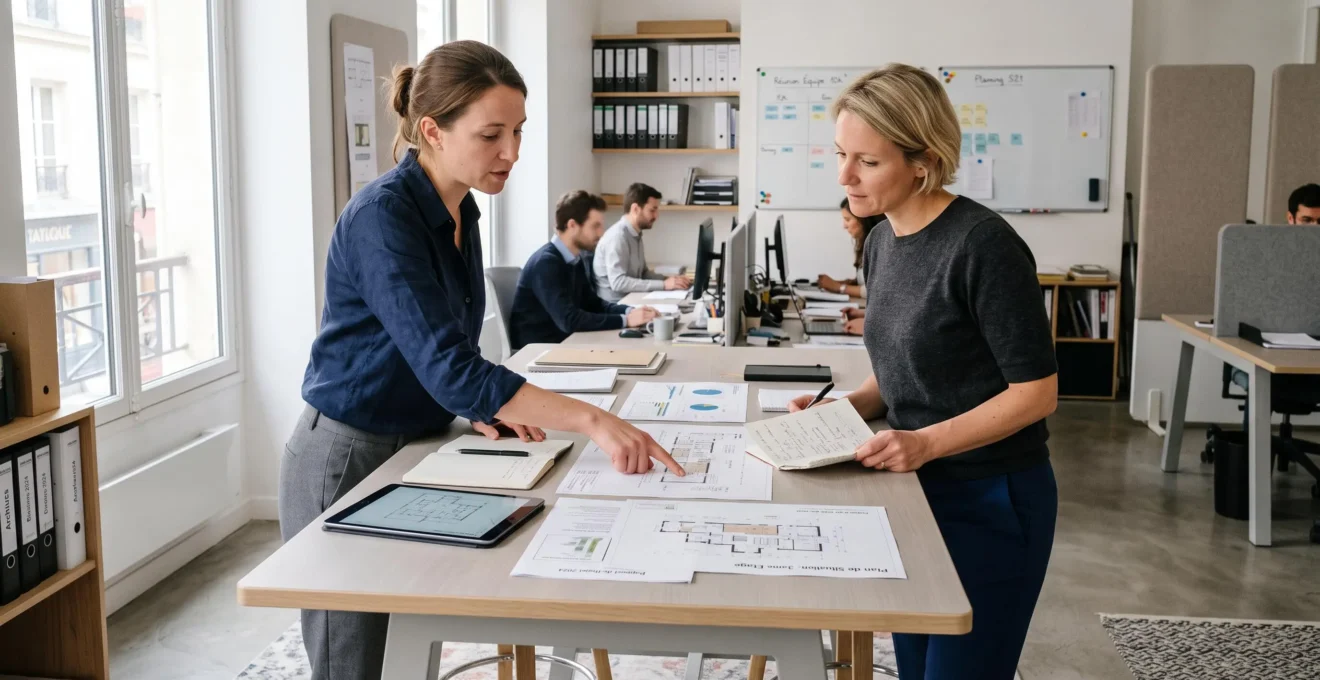 Deux professionnels debout collaborant autour d'une table haute dans un bureau français
