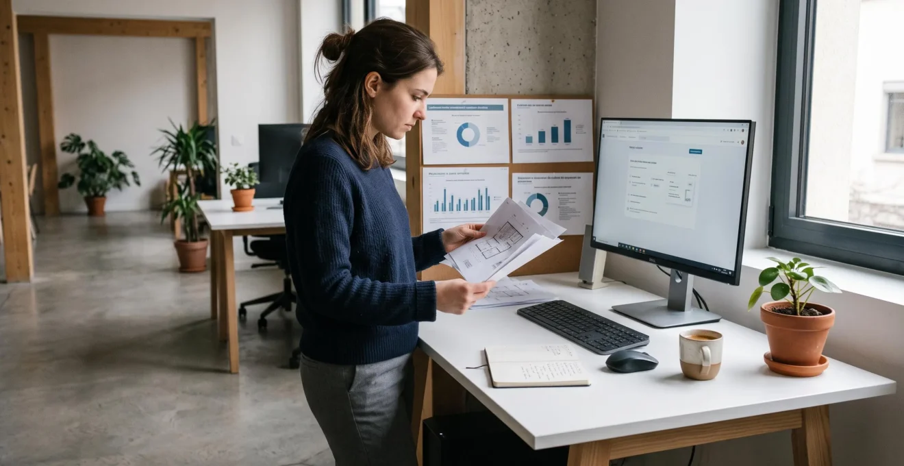 Professionnel debout à côté de son poste de travail individuel dans un bureau français moderne