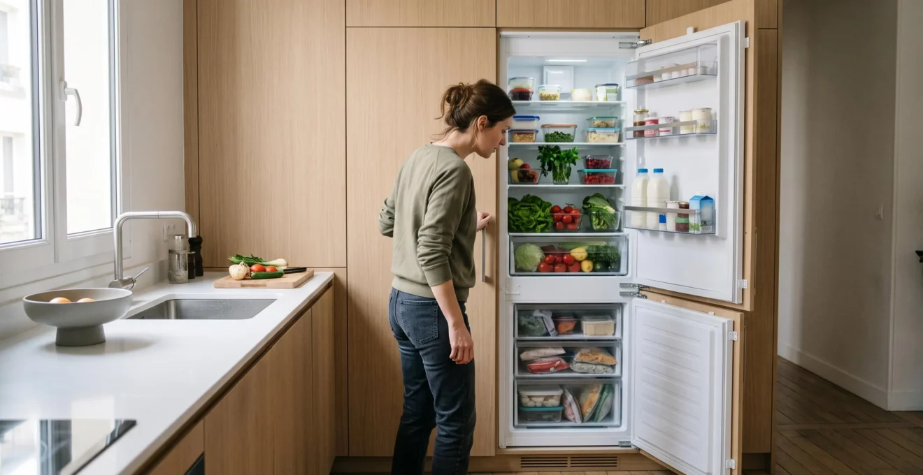 Femme ouvrant la porte d'un réfrigérateur combiné encastrable dans une cuisine pour examiner les compartiments réfrigérateur et congélateur.