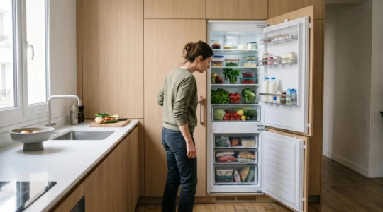 Femme ouvrant la porte d'un réfrigérateur combiné encastrable dans une cuisine pour examiner les compartiments réfrigérateur et congélateur.