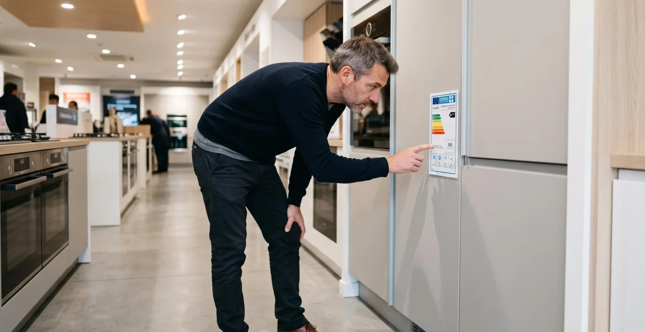Homme lisant l'étiquette technique d'un réfrigérateur combiné encastrable exposé dans un magasin d'électroménager.