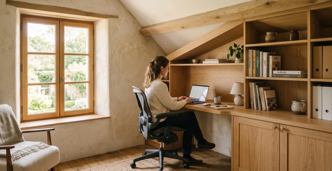 Un bureau sur mesure intégré sous une pente de plafond dans une maison lumineuse.