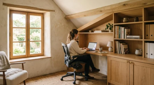 Un bureau sur mesure intégré sous une pente de plafond dans une maison lumineuse.