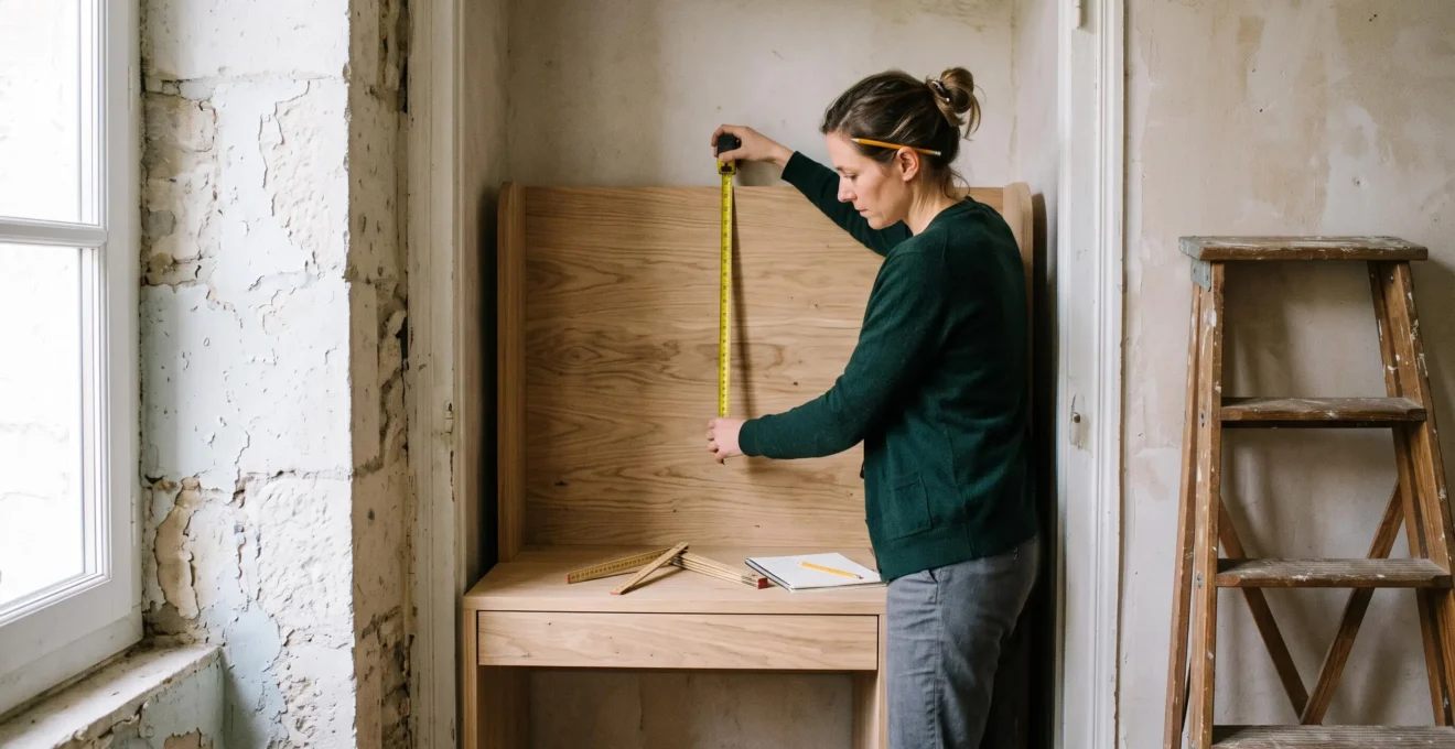 Une personne mesure un renfoncement mural pour y installer un bureau compact.