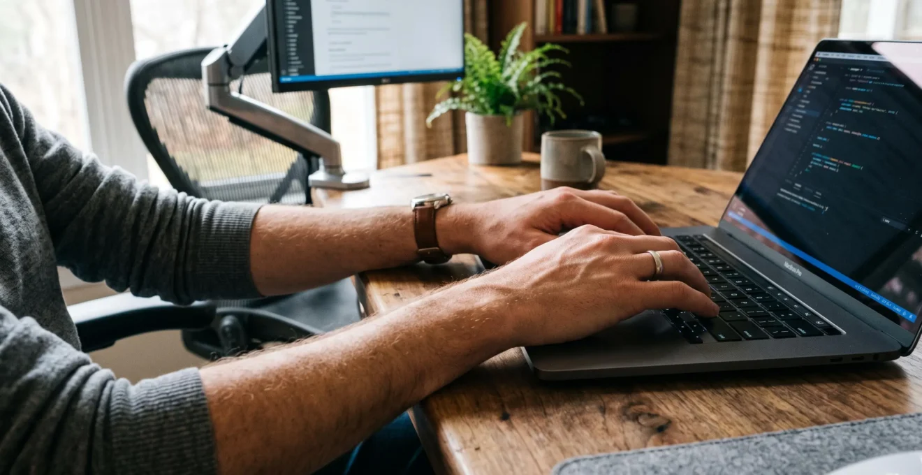 Des mains tapent sur un ordinateur posé sur un bureau ergonomique à bonne hauteur.